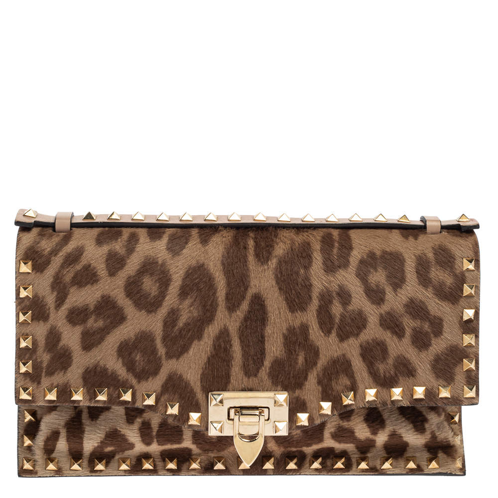 Pre Owned Valentino Brown Pony Hair Rockstud Flap Clutch Bag