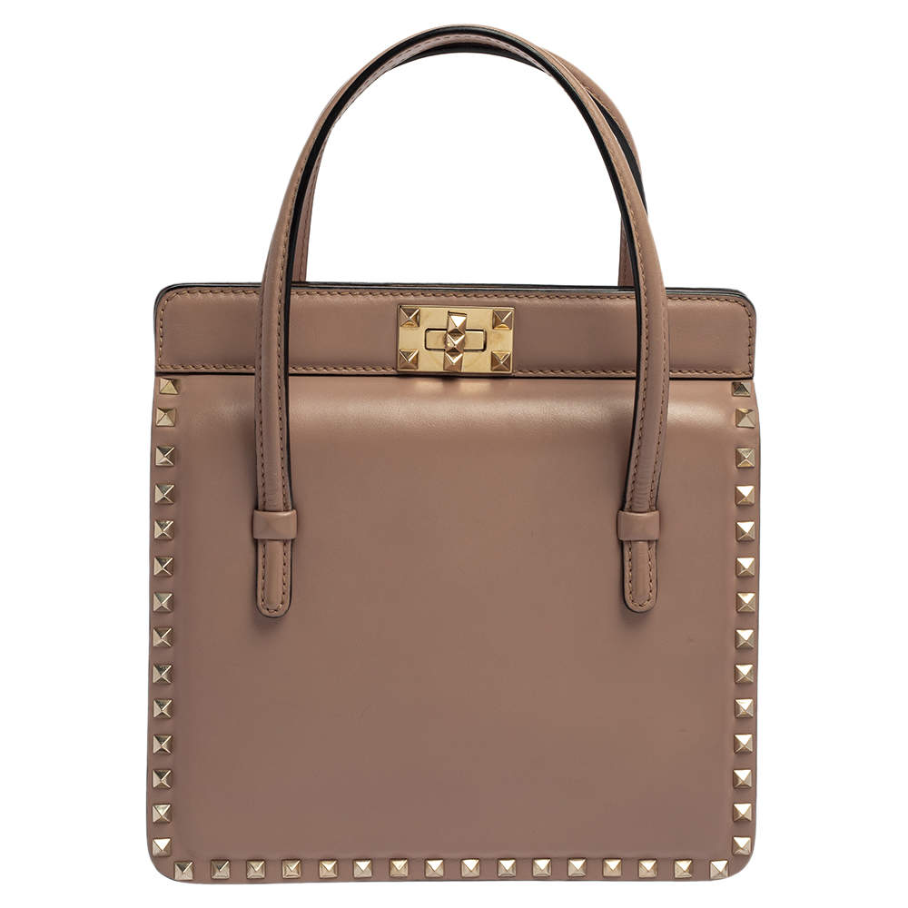 مملوكة مسبقًا حقيبة يد فالنتينو إطار مرصع روكستد جلد بيج 
