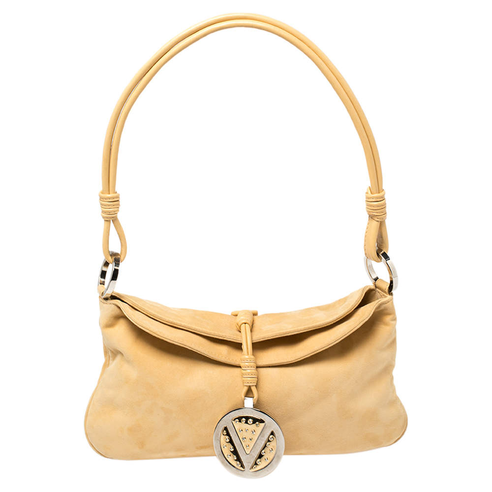 Valentino Yellow Suede Logo Charm Shoulder Bag