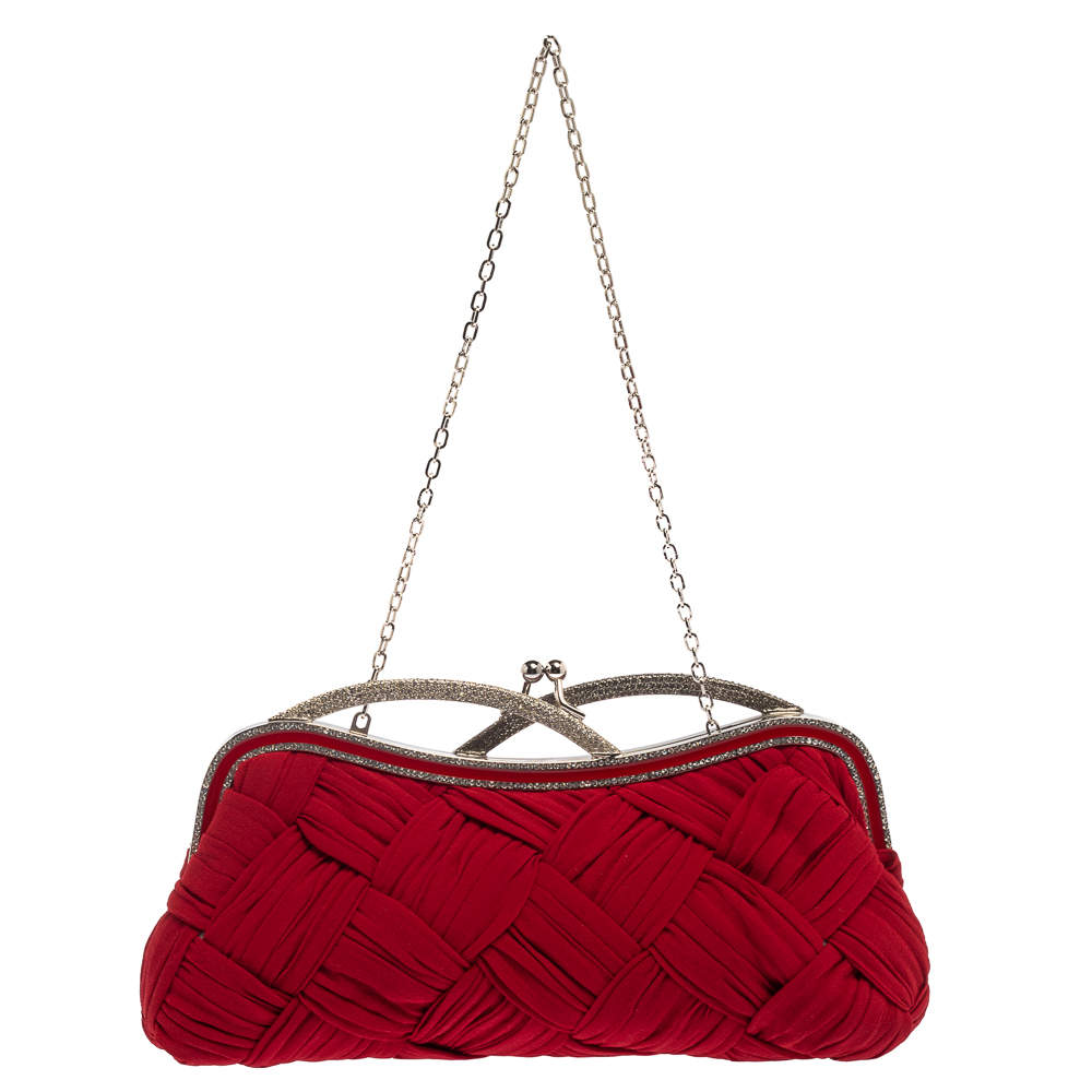Pre Owned حقيبة كلتش فالنتينو مزخرف كريستال قفل متعاكس علوي سلسلة قماش مجدول أحمر