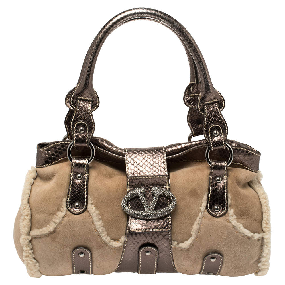 Pre Owned Valentino Beige/Metallic Shearling and Snakeskin VRing Flap Satchel
