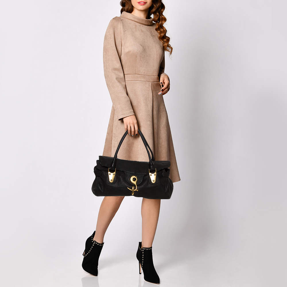 Pre Owned Valentino Black Soft Leather Clasp Flap Satchel