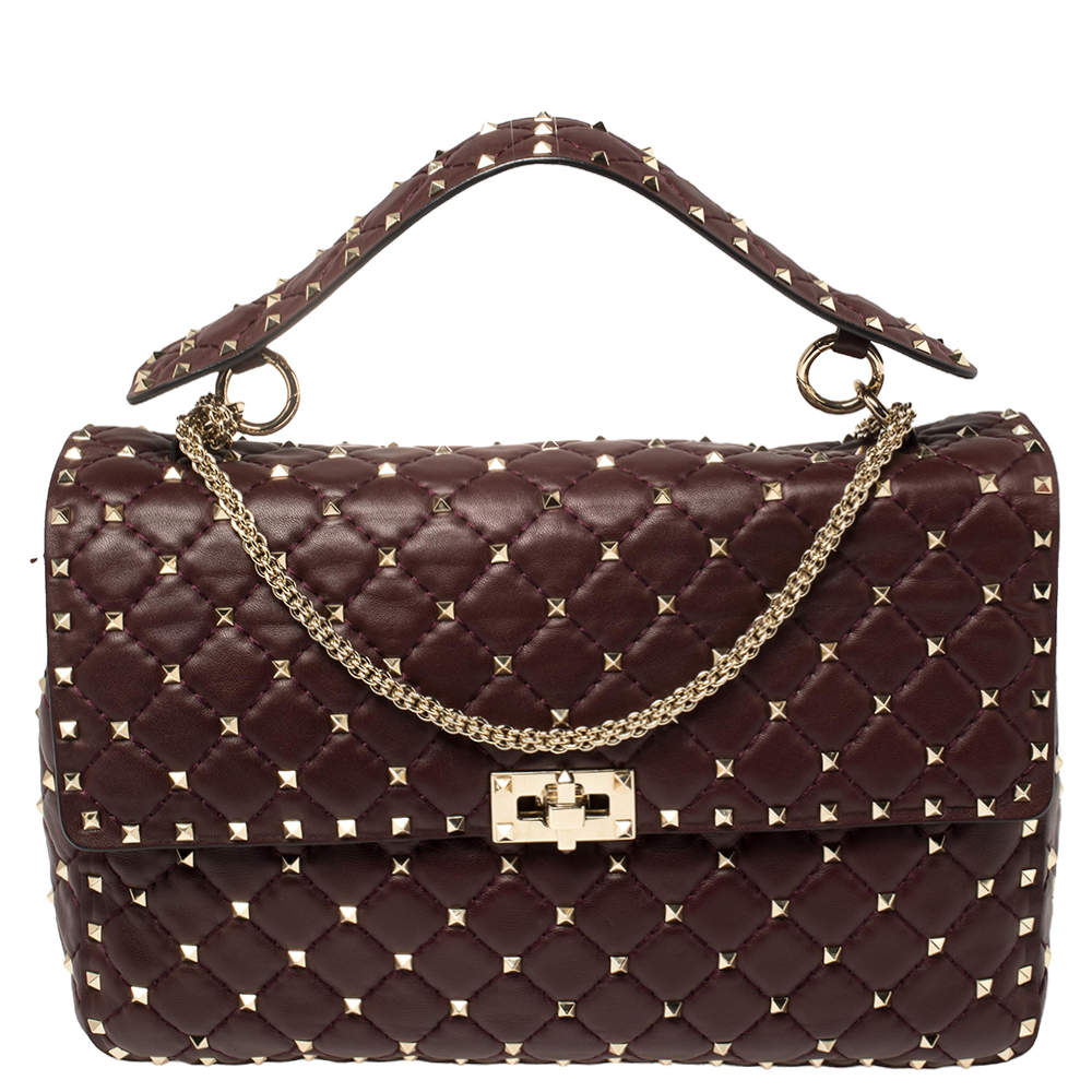 Valentino Burgundy Quilted  Leather Rockstud Spike Top Handle Bag