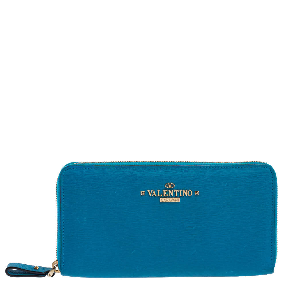 Pre Owned Valentino Azur Leather Logo Zip Around Wallet