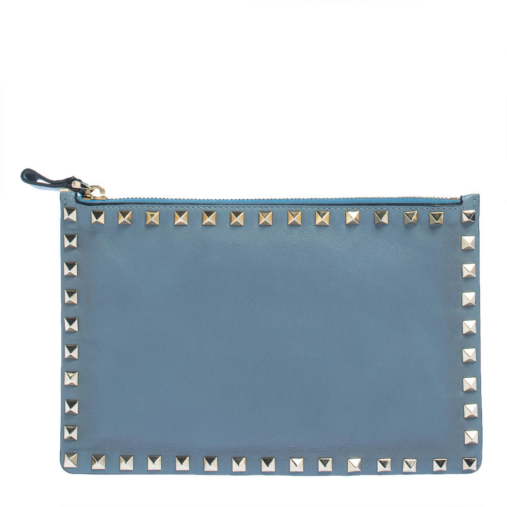 Pre Owned Valentino Cornflower Blue Leather Medium Rockstud Zip Pouch