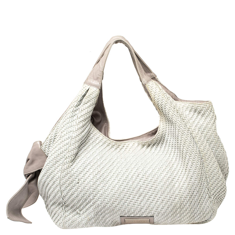 Valentino Grey Woven Raffia and Leather Bow Hobo