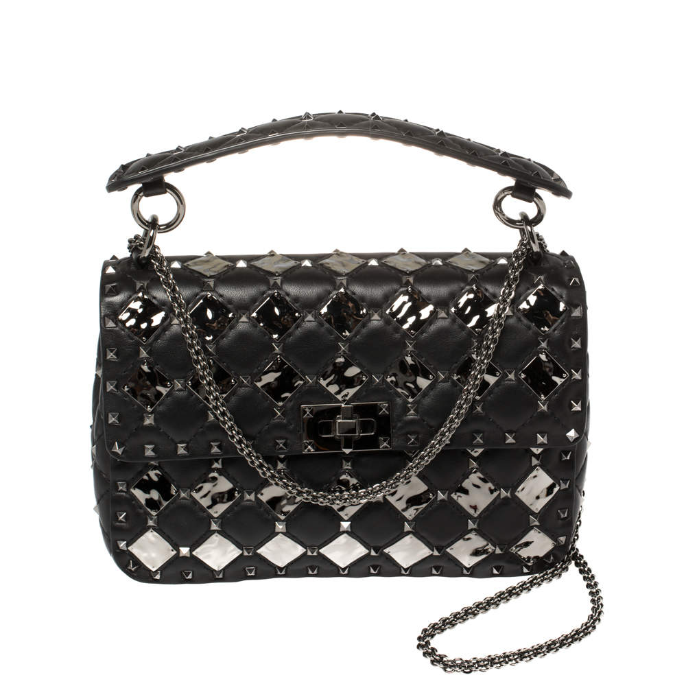 Pre Owned Valentino Black Metal Rhombus Leather Medium Rockstud Spike.It Chain Shoulder Bag