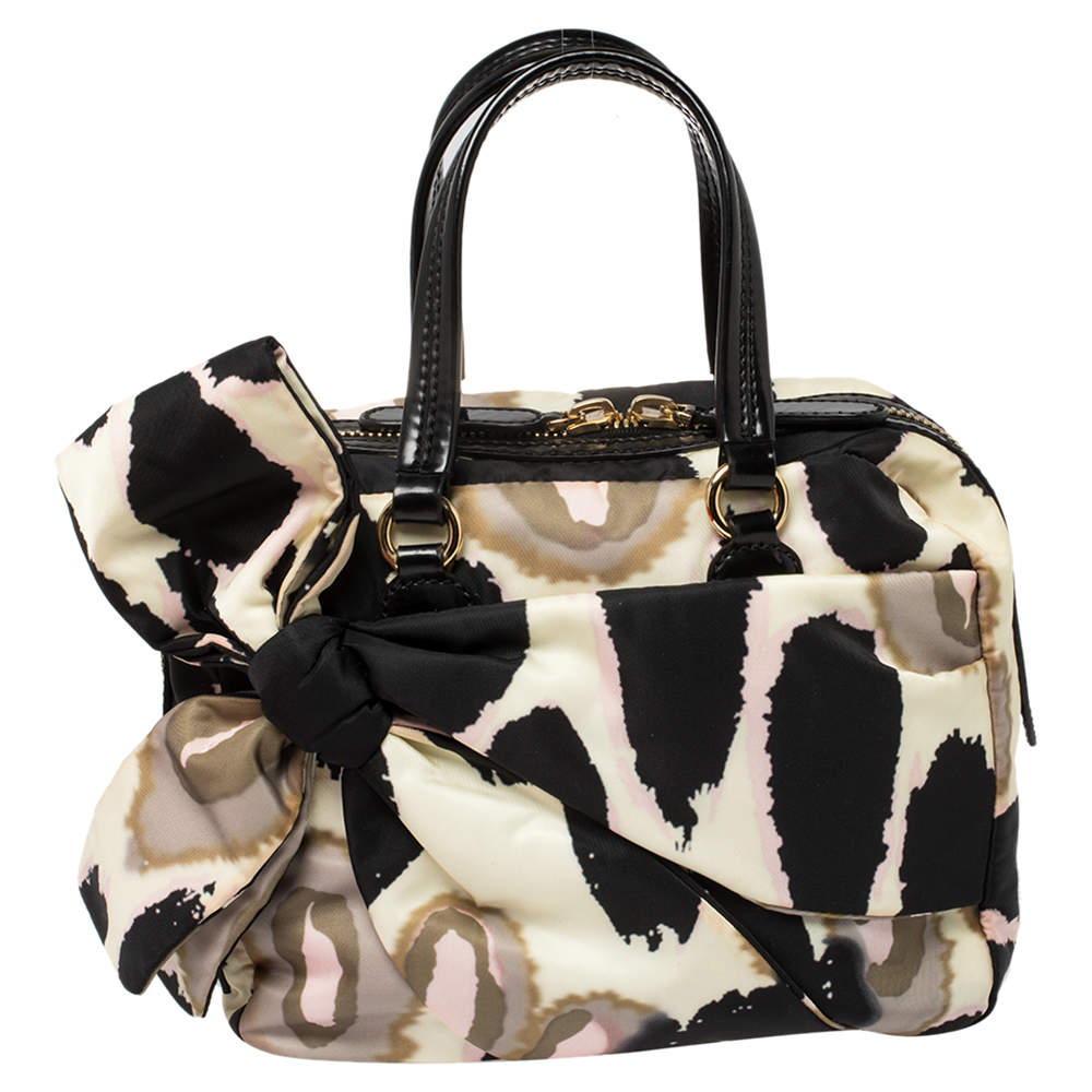 Pre Owned Valentino Printed Nylon and Leather Bow Boston Bag
