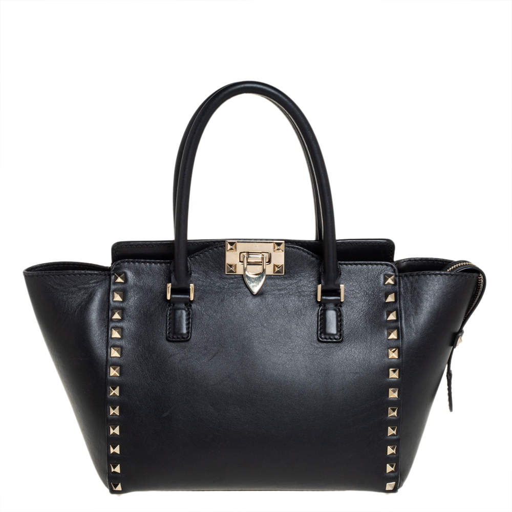 Valentino Black Leather Small Rockstud Trapeze Tote