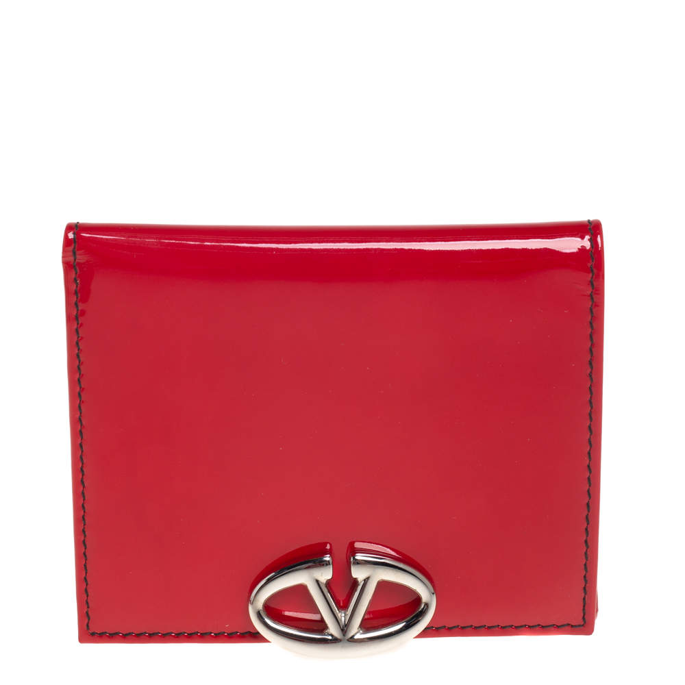 Valentino Red Patent Leather V Logo Compact Wallet
