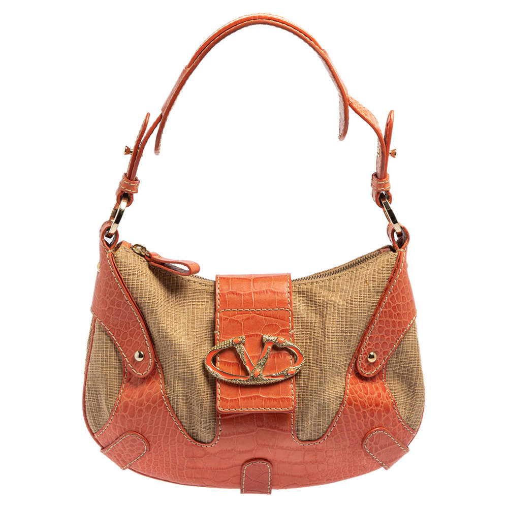 Pre Owned Valentino Beige/Orange Croc Embossed Leather and Straw Catch Hobo