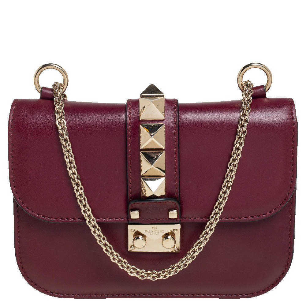 Valentino Burgundy Leather Small Rockstud Glam Lock Flap Bag Valentino ...