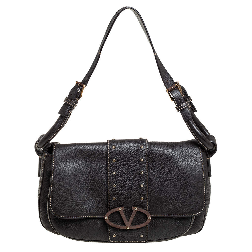 Pre Owned Valentino Dark Brown Pebbled Leather VRing Flap Hobo