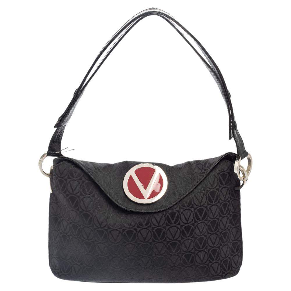 Pre Owned Valentino Black Monogram Canvas and Leather Round VRing Logo Baguette Bag