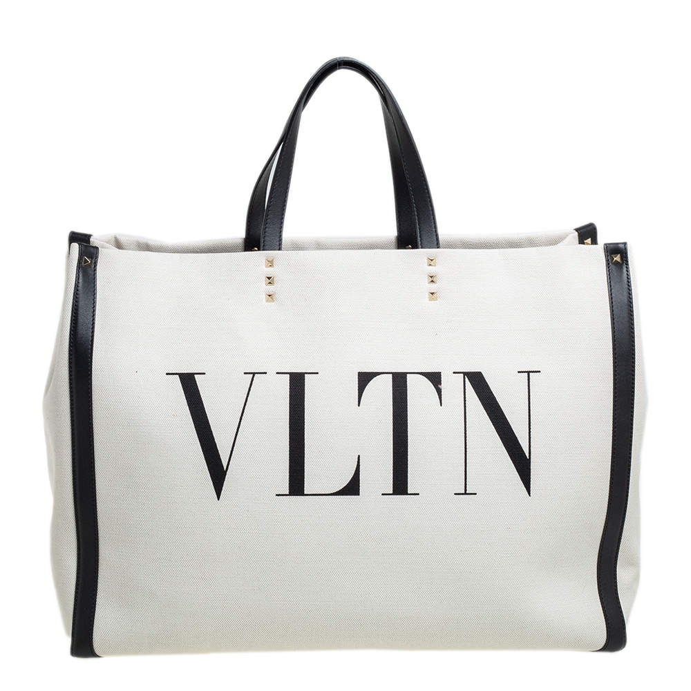 Valentino White/Black Canvas and Leather Large VLTN Logo Tote Valentino ...