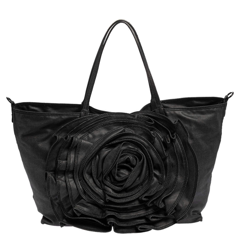Pre Owned Valentino Black Denim XL Petale Rose Tote