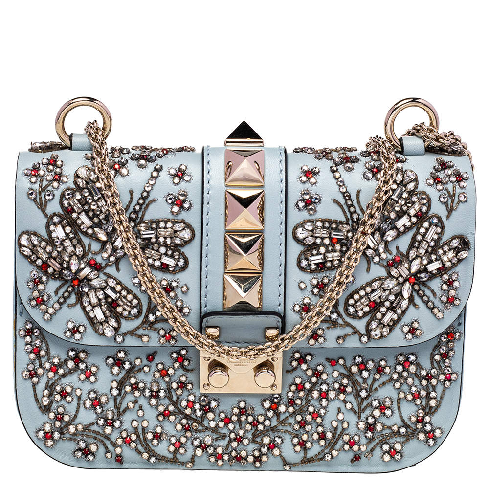 Pre Owned Valentino Grey Leather Embellished Rockstud Glam Lock Chain Shoulder Bag