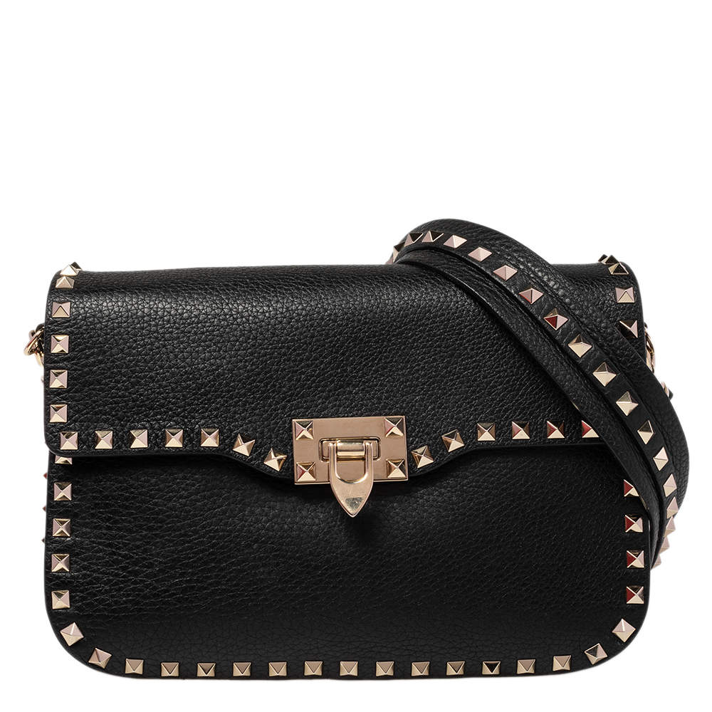 Pre Owned Valentino Black Leather Rockstud Shoulder Bag