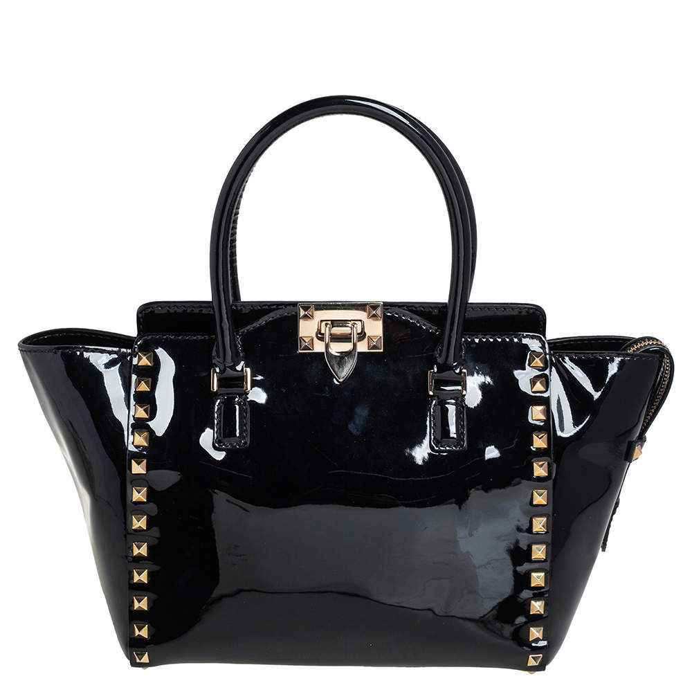 Pre Owned Valentino Black Patent Leather Small Rockstud Trapeze Tote