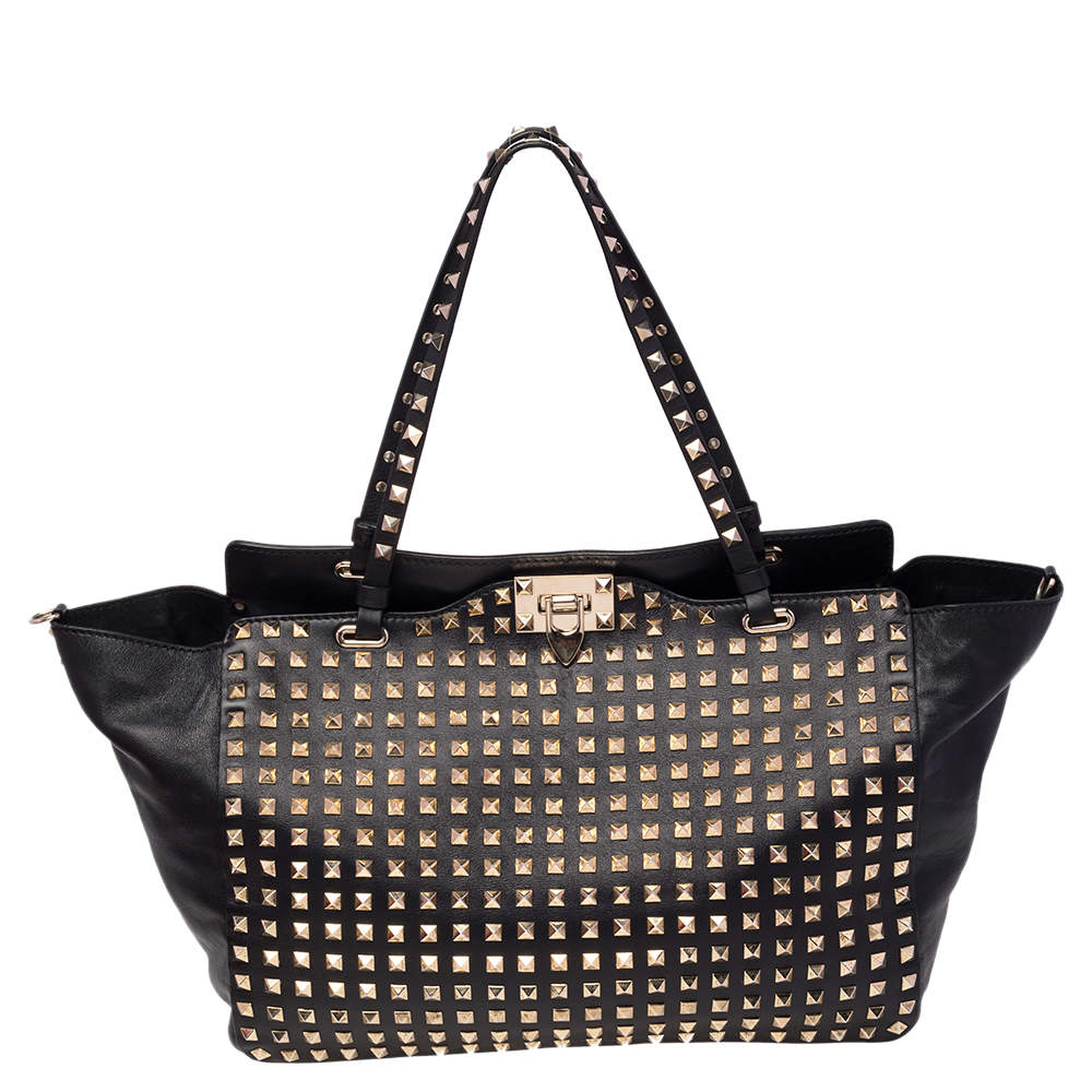 Pre Owned Valentino Black Leather Medium All Over Rockstud Trapeze Tote