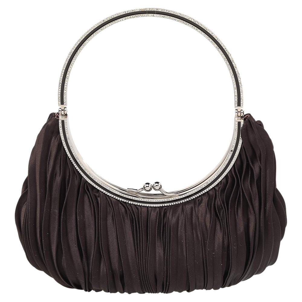 مملوكة مسبقًا حقيبة كلتش فالنتينو ساتان بني يد حلقة مزخرفة 