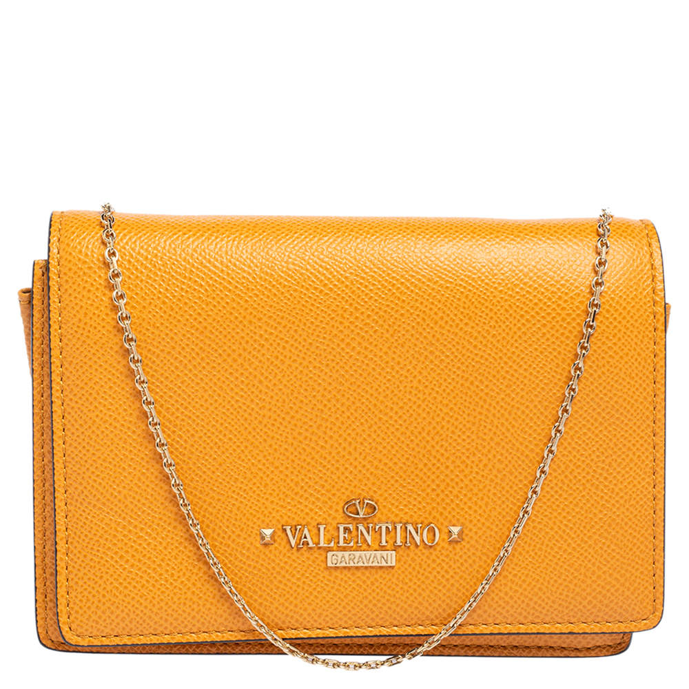 Pre Owned Valentino Mustard Grained Leather Chain Crossbody Clutch