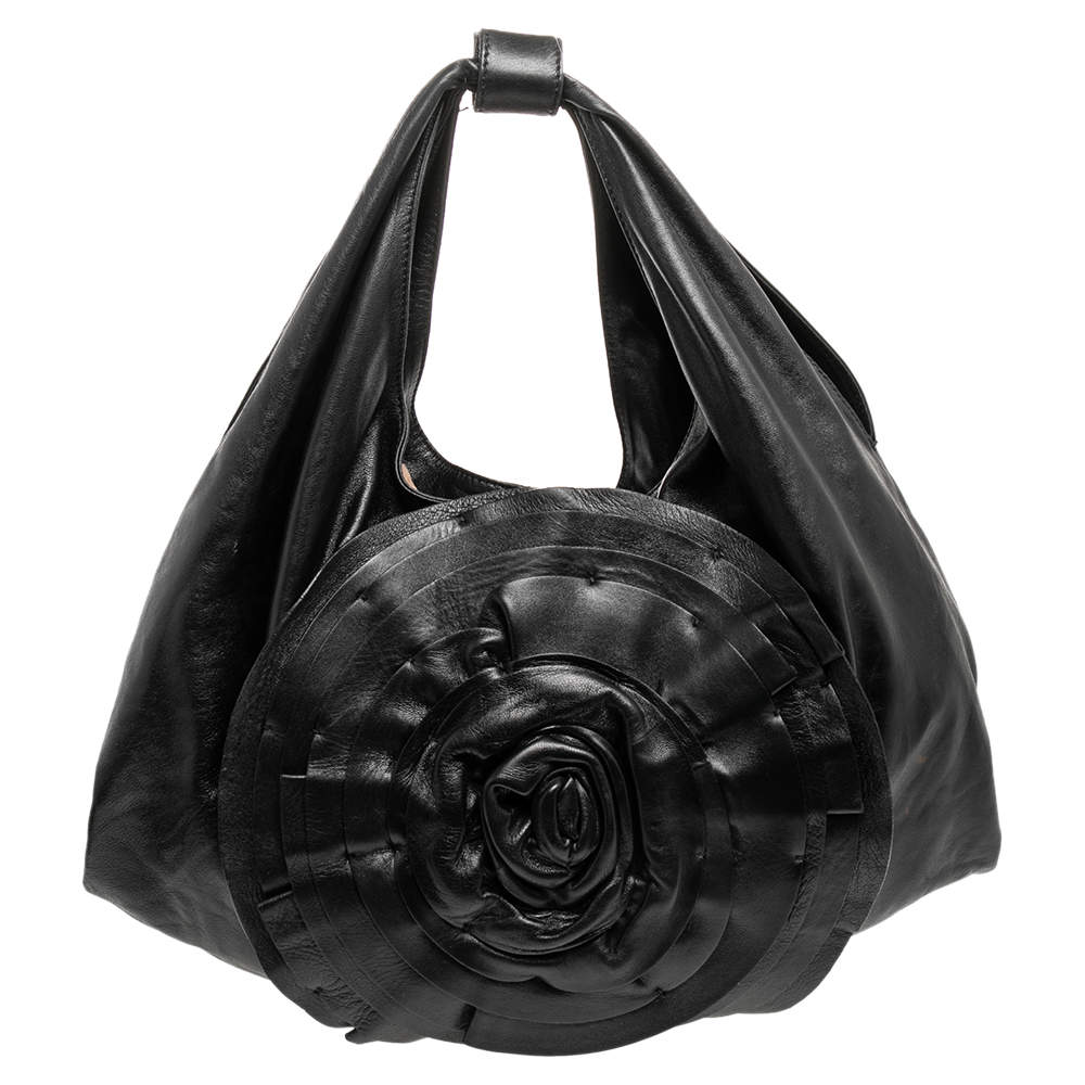 Pre Owned Valentino Black Leather Petale Rose Hobo Bag