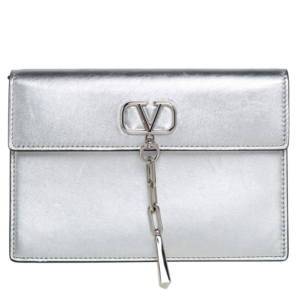 Pre Owned Valentino Metallic Silver Leather Vcase Clutch