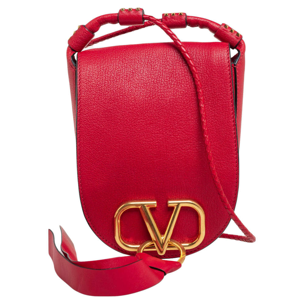 Pre Owned Valentino Red Leather Small VRING Saddle Bag