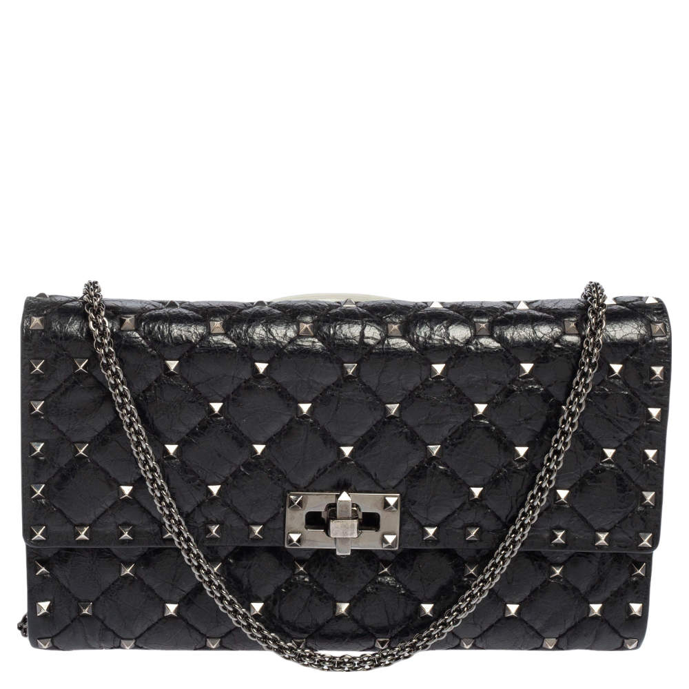 Valentino Black Quilted Crinkled Leather Rockstud Spike Chain Clutch 