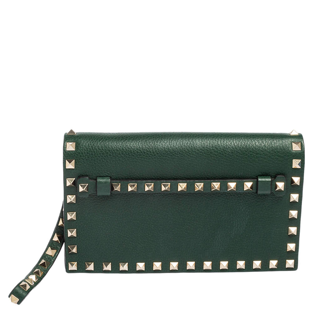 Pre Owned حقيبة كلتش فالنتينو للمعصم روكستد جلد أخضر 