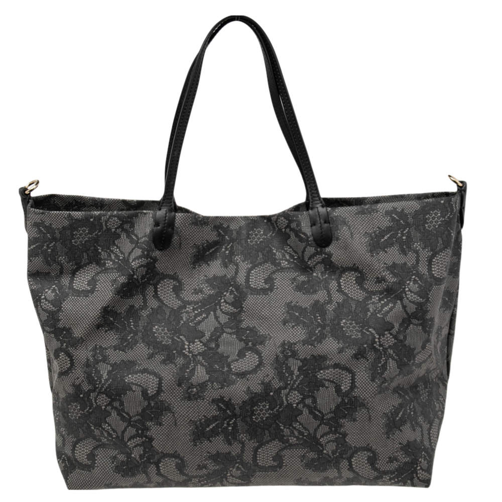 Pre Owned Valentino Grey/Black Lace Print Coated Canvas and Leather Shopper Tote