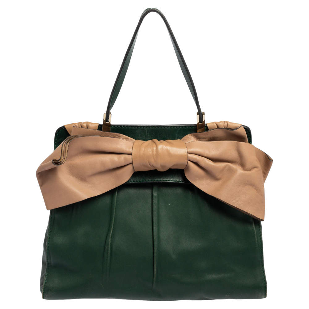 Pre Owned Valentino Green/Beige Leather Aphrodite Bow Bag