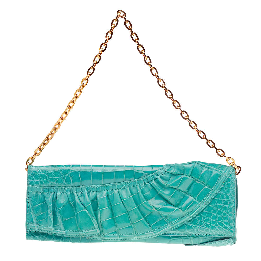 مملوكة مسبقًا Valentino Aqua Green Croc Embossed Leather Ruffle Chain Clutch