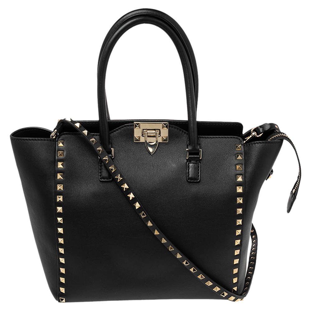 مملوكة مسبقًا حقيبة يد توتس فالنتينو شوبر جلد أسود مرصعة روكستد صغيرة 