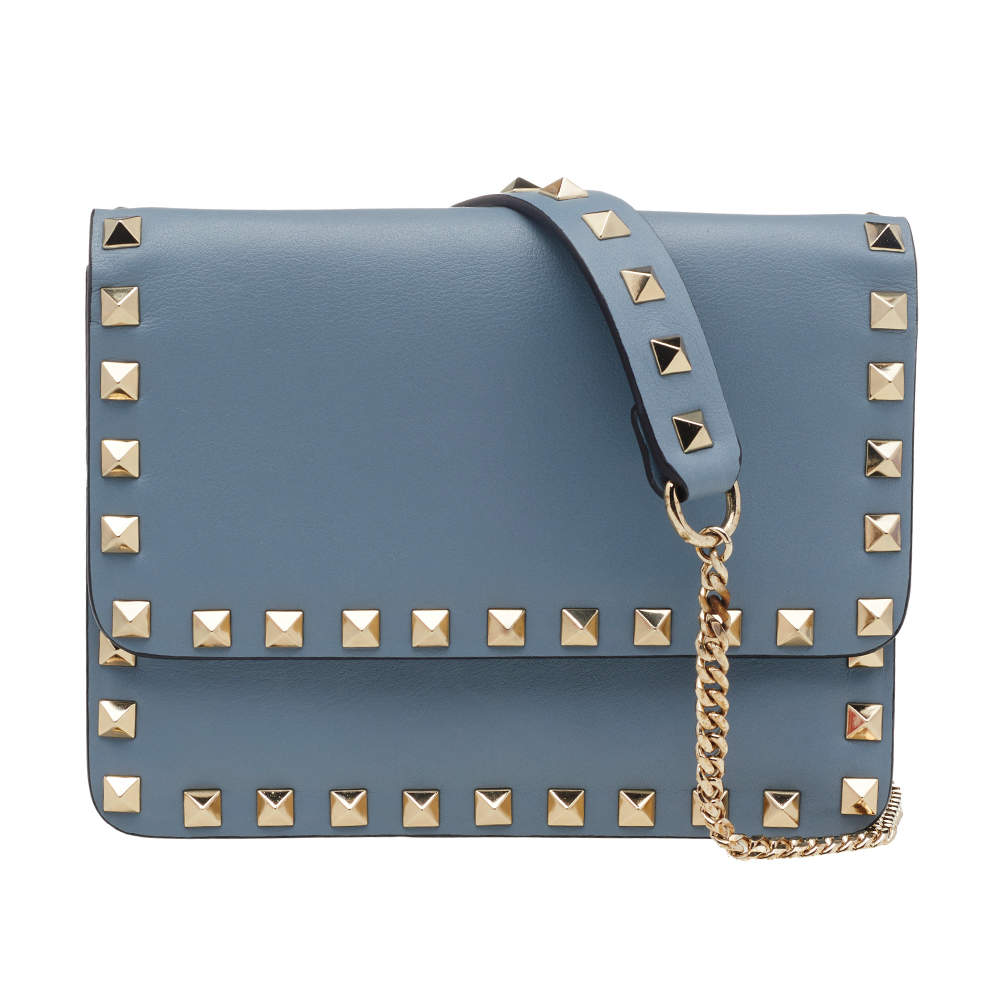 Valentino Light Blue Leather Small Rockstud Flap Top Shoulder Bag