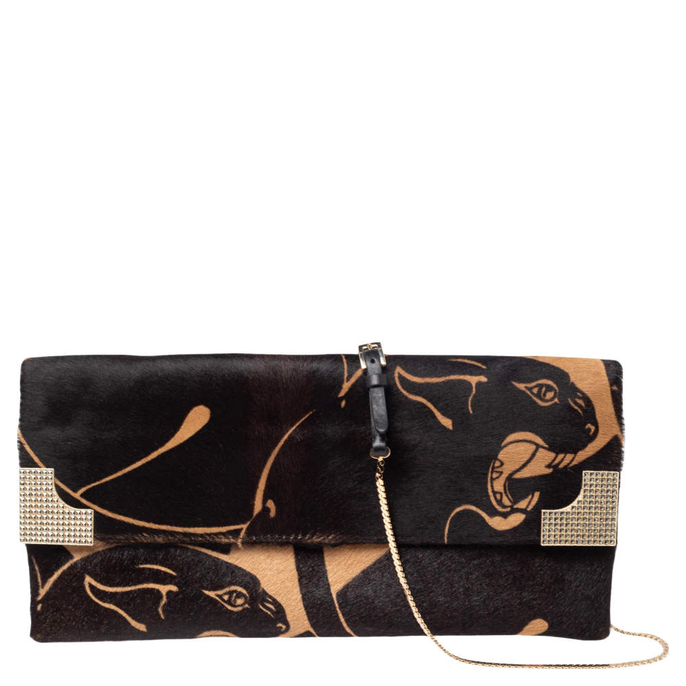 Pre Owned Valentino Black/Brown Printed Calfhair Crystal Embellished Flap Chain Clutch