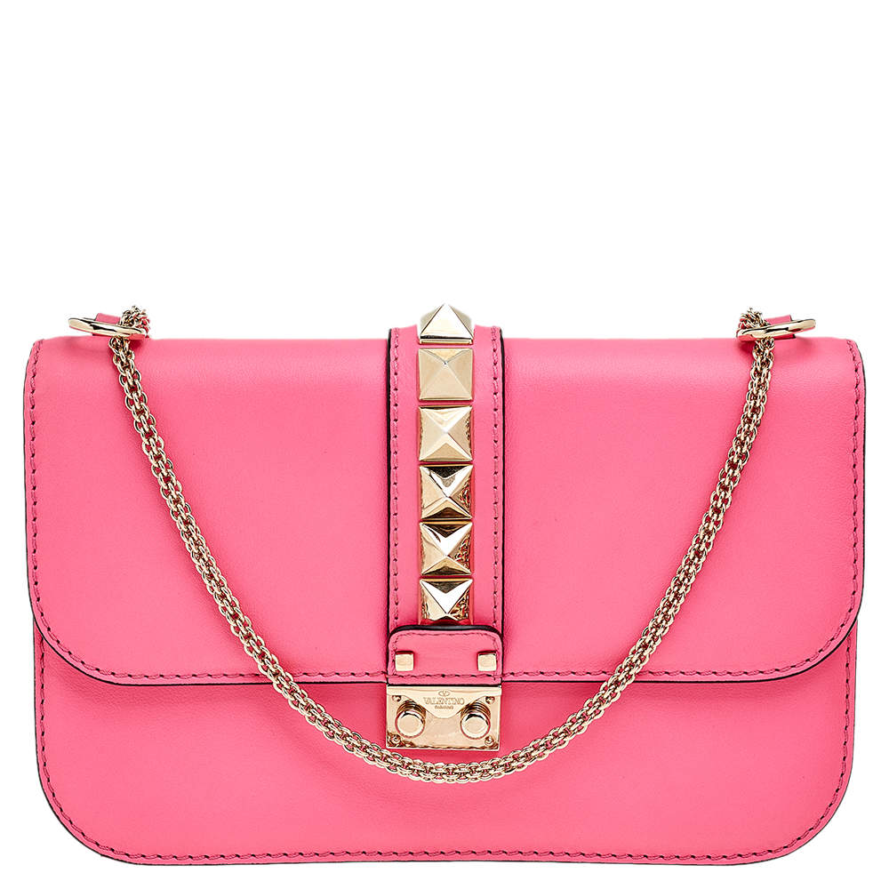 Pre Owned Valentino Pink Leather Medium Rockstud Glam Lock Flap Shoulder Bag