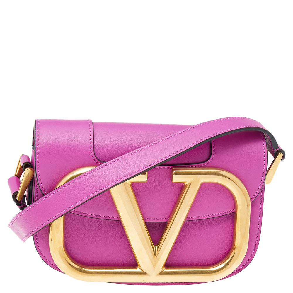 Pre Owned Valentino Fuchsia Leather VLogo Mini Suprevee Crossbody Bag