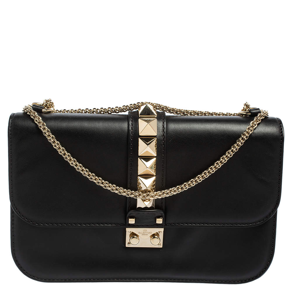 Valentino Black Leather Medium Rockstud Glam Lock Flap Bag