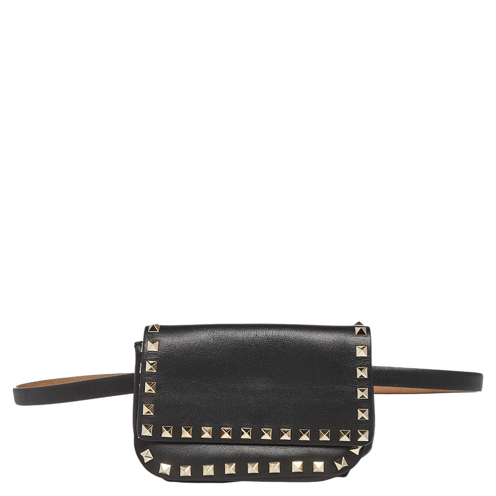 Pre Owned Valentino Black Leather Rockstud Flap Belt Bag