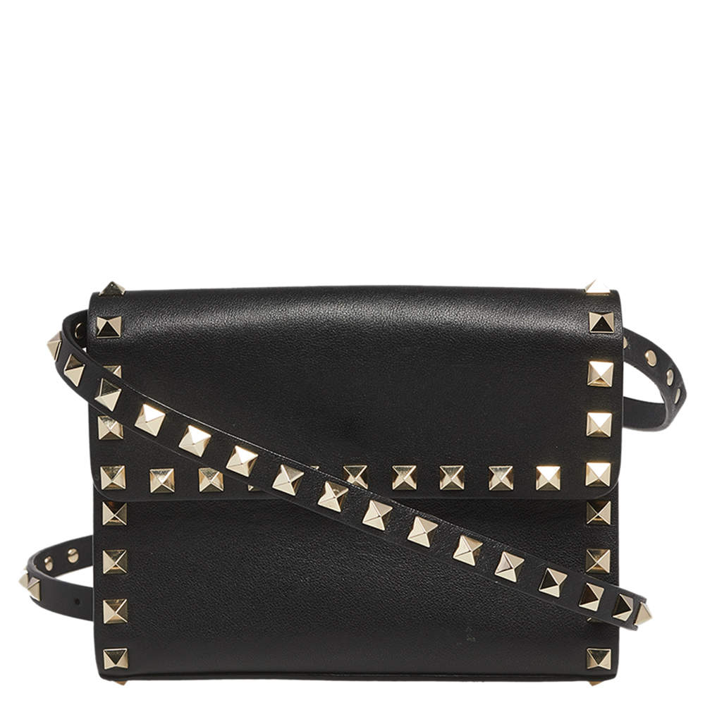 Pre Owned Valentino Black Leather Rockstud Flap Belt Bag