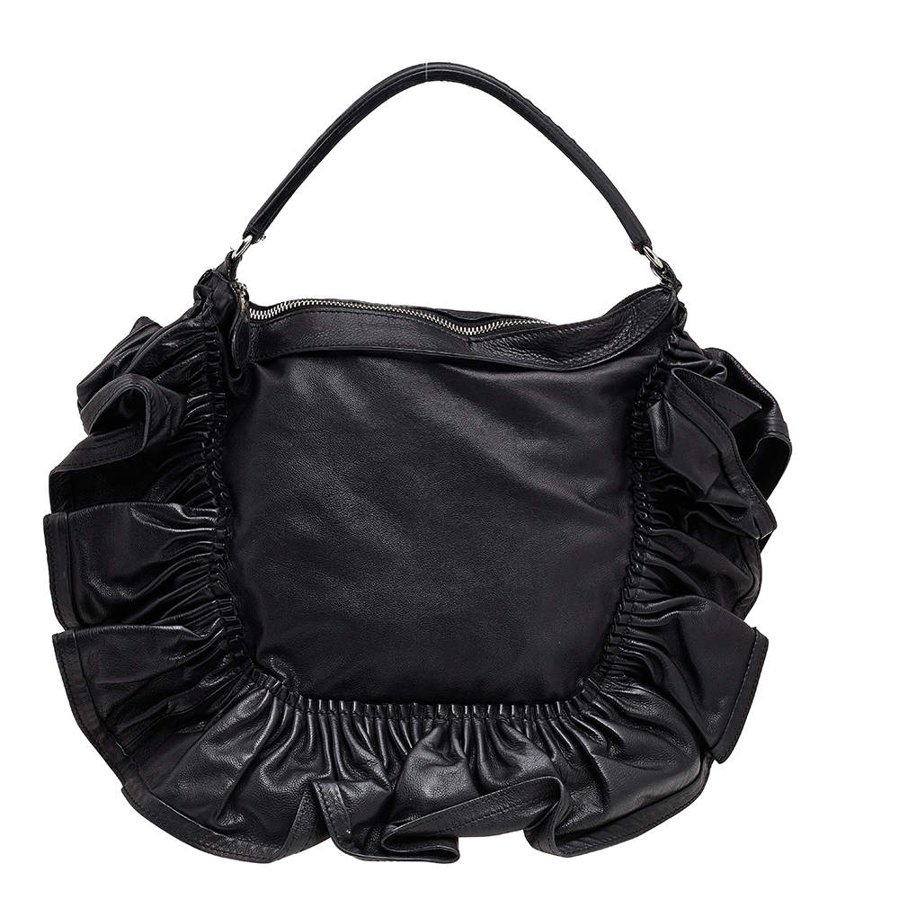 Pre Owned Valentino Black Ruffle Leather Hobo