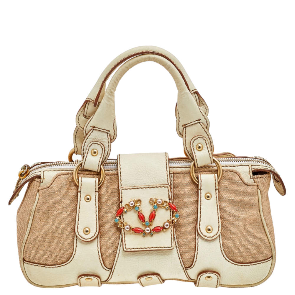 Valentino Cream/Beige Fabric And Leather VLogo Flap Shoulder Bag