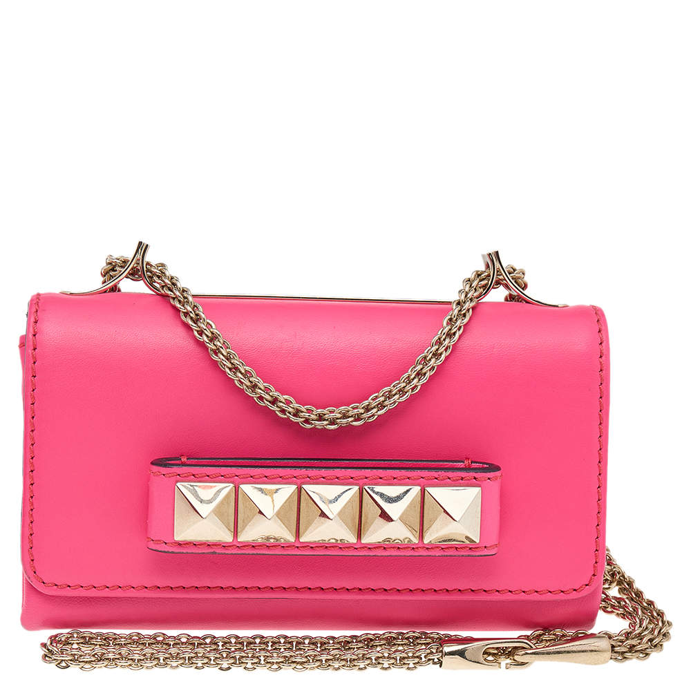 Pre Owned Valentino Hot Pink Leather Mini Rockstud Va Va Voom Chain Crossbody Bag