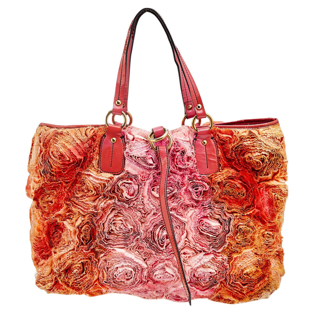 Pre Owned حقيبة يد توتس فالنتينو أورغانزا روزير حرير وجلد وردي / برتقالي لامع
