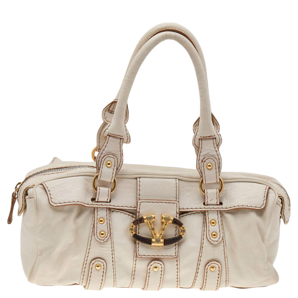 Pre Owned Valentino Cream Leather VLogo Flap Satchel