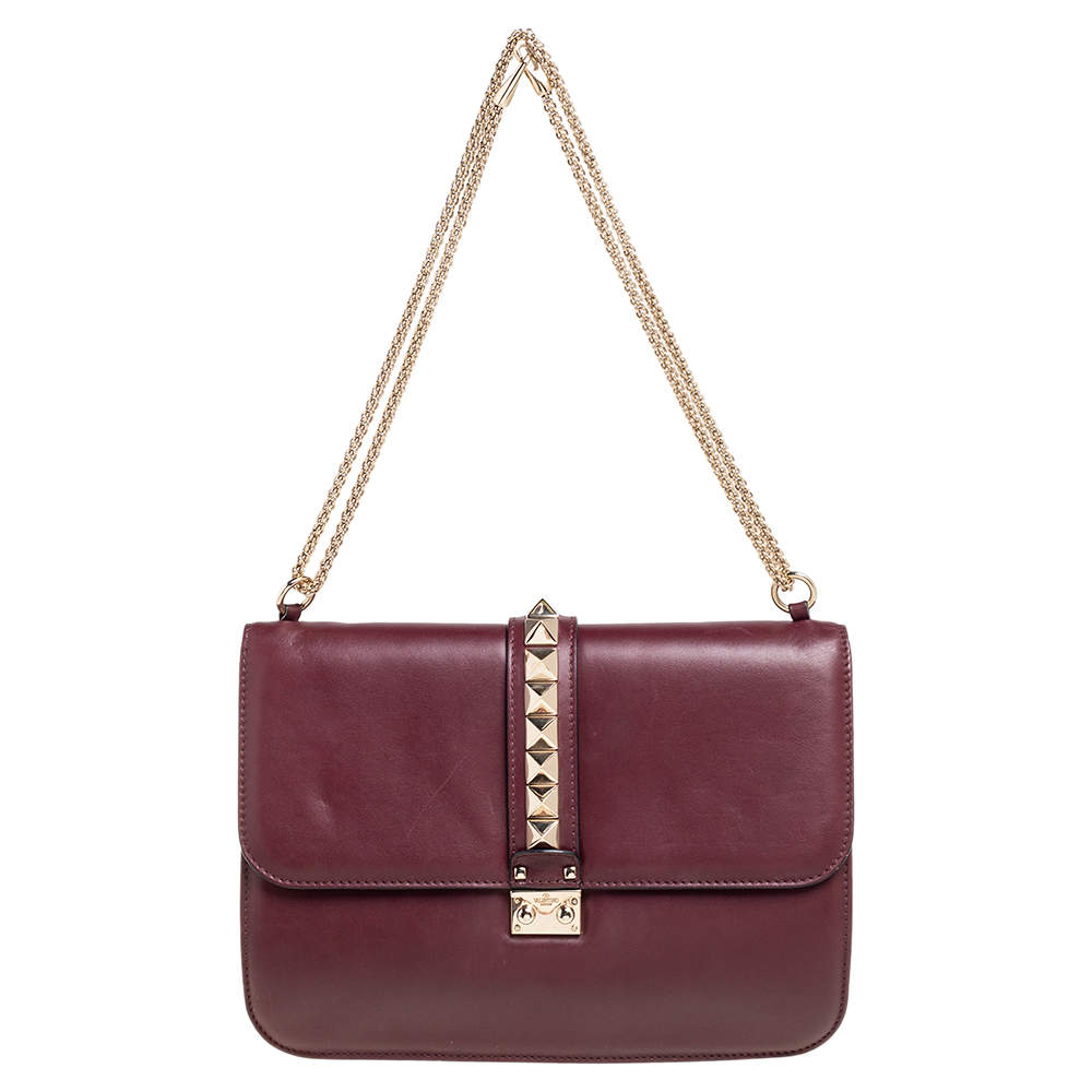 Pre Owned Valentino Burgundy Leather XL Rockstud Glam Lock Shoulder Bag