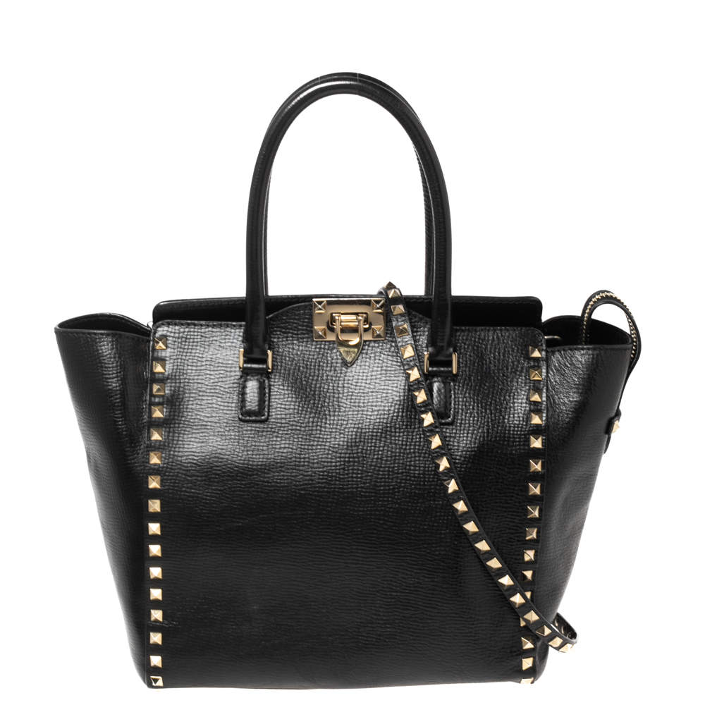 مملوكة مسبقًا حقيبة يد توتس فالنتينو ترابيز روكستد جلد أسود منقوش