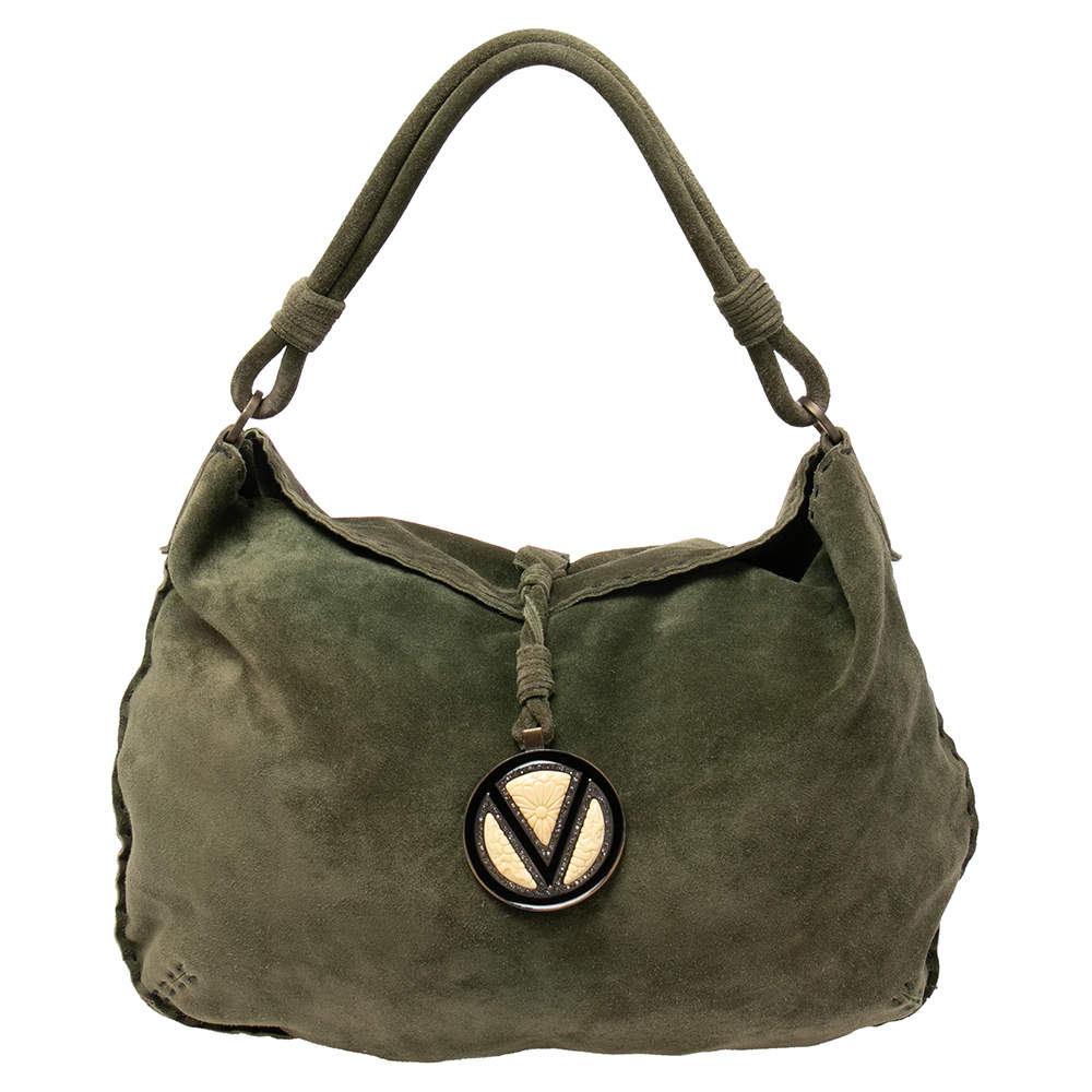 Pre Owned Valentino Green Suede Logo Charm Hobo
